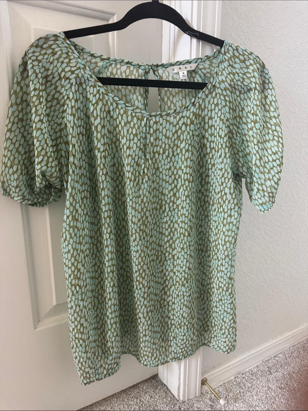CAbi Mint & Olive Printed Puff-Sleeve Top